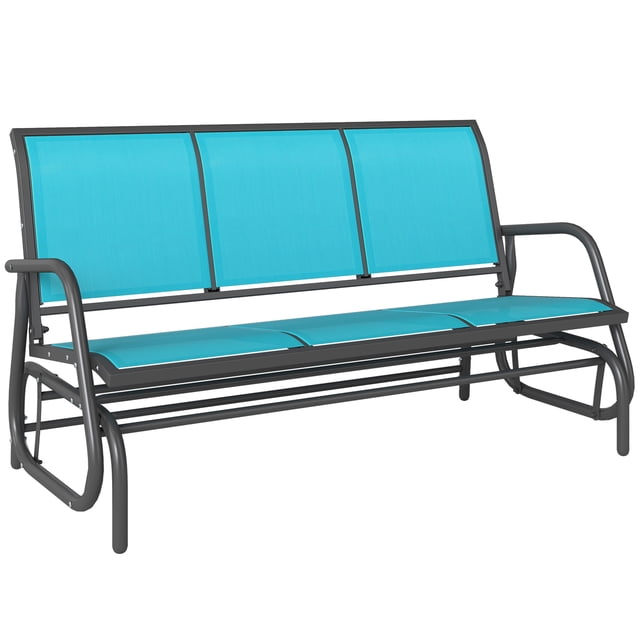 Outsunny 3-Seat Outdoor Glider Chair, Patio Rocking Chair, Blue. This outdoor glider features a powder-coated metal frame for durability and a breathable Texteline fabric seat and backrest in blue. Designed to seat up to three people, it includes curved armrests and a gently gliding mechanism for smooth rocking. Suitable for patios, gardens, and other outdoor spaces, it has a weight capacity of 660 lbs and measures 57.9 inches in length, 27.6 inches in width, and 33.5 inches in height.