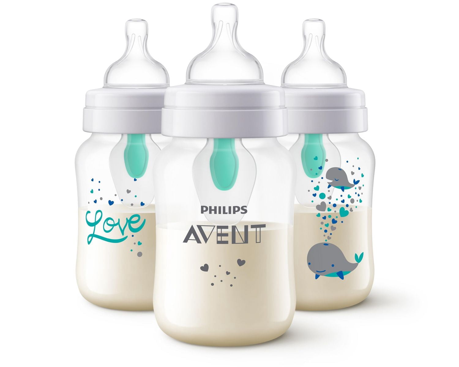 Philips Avent Anti-colic Baby Bottle with AirFree Vent with Whale Design, 3x9oz Bottles, SCY703/77