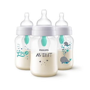 Philips Avent Anti-colic Baby Bottle with AirFree Vent with Whale Design, 3x9oz Bottles, SCY703/77