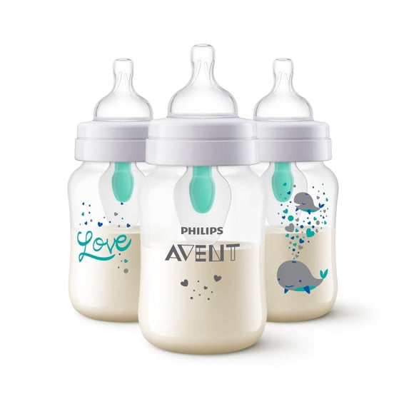 Philips Avent Anti-colic Baby Bottle with AirFree Vent with Whale Design, 3x9oz Bottles, SCY703/77
