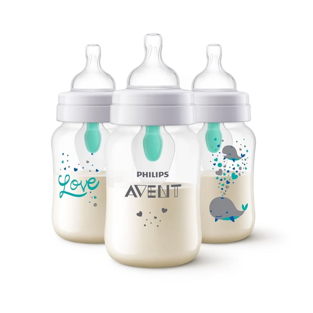 Philips Avent Anti-colic Bouteille pour bébé avec AirFree Évent avec conception de baleine, 3x9oz Bouteilles, SCY703/77
