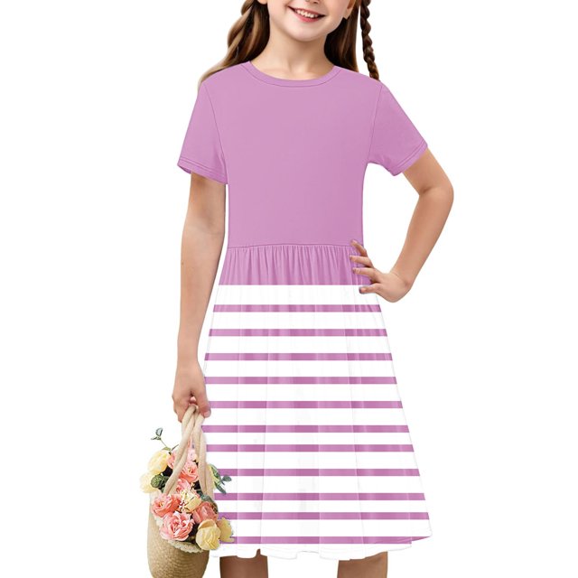 Liquidation Aujourd'hui Iumwxz Robe Décontractée Trapèze Robe Tunique pour Adolescentes Robe Col Ras du Cou Imprimé à Rayures Manches Courtes Robes pour Enfants Robe Ravissante pour Costume 4-14a