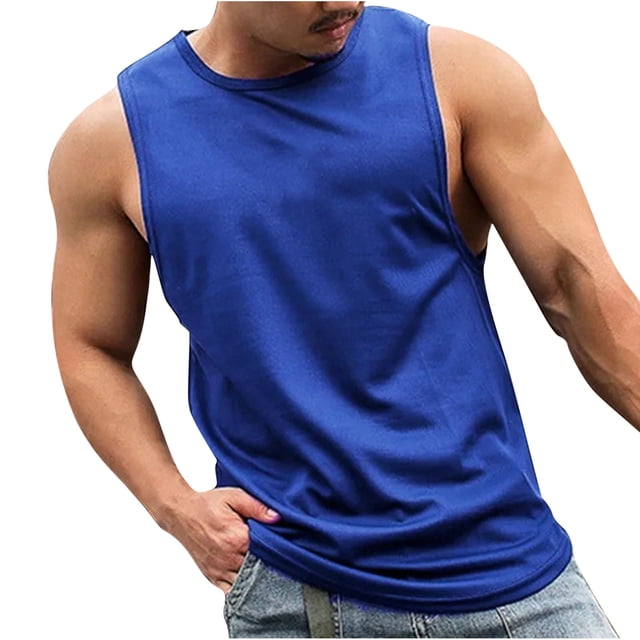 fatyb Mens Workout Tank Tops in a vibrant blue color, featuring a sleeveless design and breathable polyester fabric. The athletic cut is ideal for gym workouts, running, or bodybuilding. The model is shown wearing the tank top paired with casual denim shorts, highlighting its versatility for both active and casual settings.