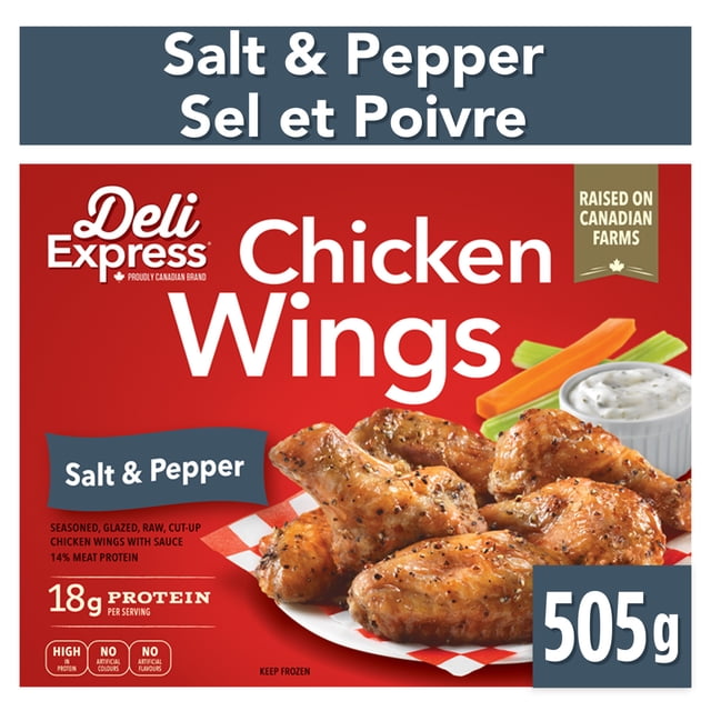 Deli Express Salt & Pepper Chicken Wings package showing raw, glazed chicken wings seasoned with salt and pepper on a white plate with red checkered paper, served with celery, carrot sticks, and creamy ranch dipping sauce, 505g, raised on Canadian farms, high protein, no artificial colours or flavours, ideal for convenient frozen snacks.