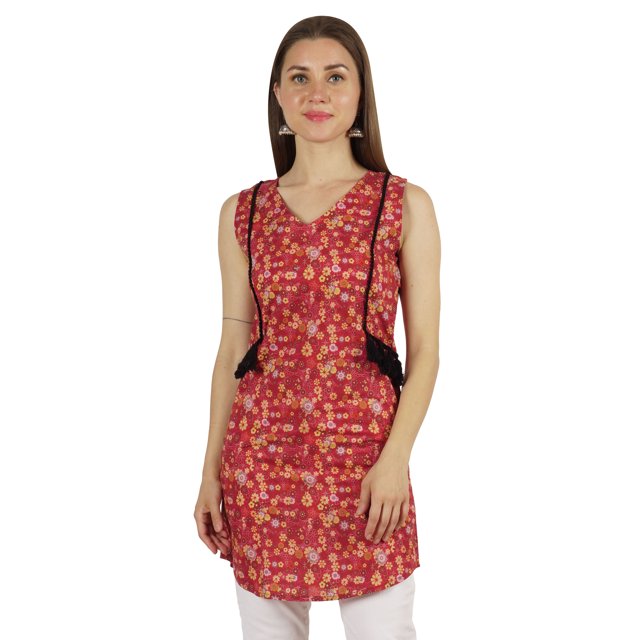 Moomaya Tunique Sans Manches en Coton Imprimé à Col en V Haut Long d'Été Blouse Décontractée pour Femmes