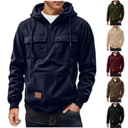 AnuYalue Cargo Hoodies for Men Quarter Zip Hooded Sweatshirt Drawstring Long Sleeve Pullover Workout Hoodie with Multi Pockets