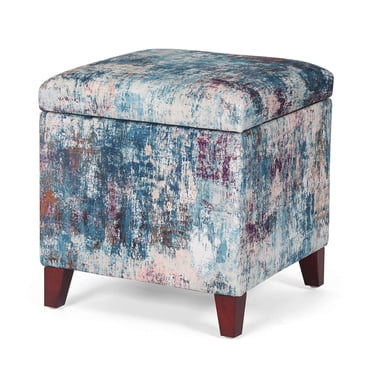Adeco 18 Inch High Cube Ottoman Storage Linen Chair Foot Stools Upholstered Vanity Stool with Hinged Lid Solid Wood Legs