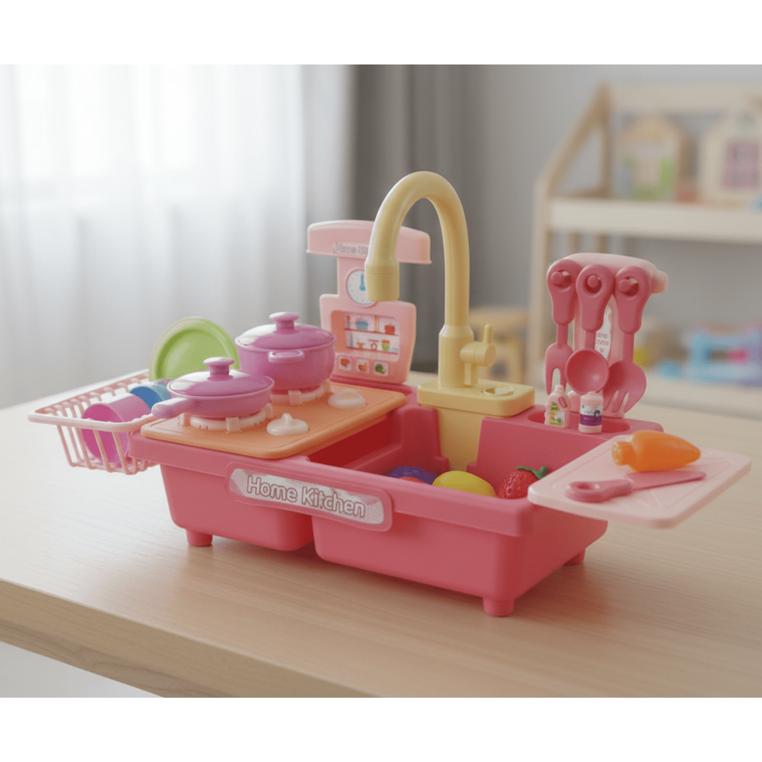 LivinVeluris My First Sink: Kids Electric Pretend Play Kitchen Sink with Real Running Water, Pump, & Toy Dishes for Toddlers