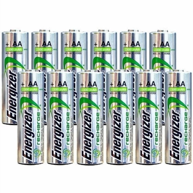Energizer AA Rechargeable batteries NiMH 2300 mAh 1.2V NH15, 12-count pack. The image shows a bulk set of silver and green AA batteries with the Energizer logo prominently displayed. Suitable for high-drain devices and rechargeable for extended use.