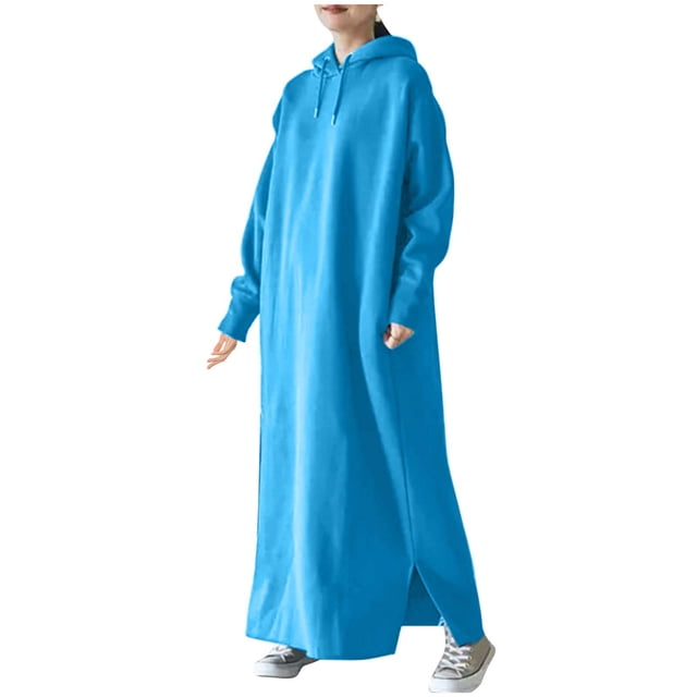 cfhntfmh Robes Grande Taille pour Femmes à Manches Longues, Chandails à Capuchon Doux, Robe Chandail en Molleton Chaude, Robe Longue Maxi Fluide en une Couleur Bleue Vibrante. Cette Robe Grande Taille Présente des Manches Longues, une Capuche et une Matière en Molleton Douce pour la Chaleur et le Confort. la Longueur Maxi Fluide s'Agence Bien avec des Espadrilles Décontractées, Idéale pour les Sorties Décontractées, le Temps Plus Froid Ou pour Superposer avec des Vestes.