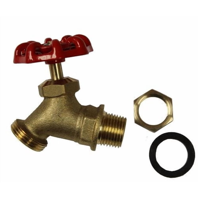Enviro World Rain Barrel Spigot Kit with solid brass outdoor-grade spigot, red wheel handle, threaded male and female ends, brass hex nut, and weather-resistant black washer, designed for rain barrel installation or replacement.
