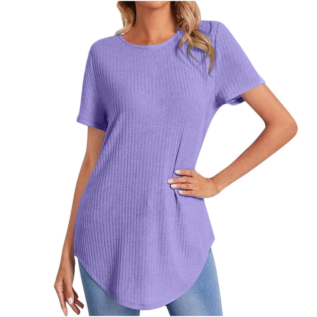 cfhntfmh Women's Ribbed Tops Short Sleeve Casual Basic Summer Tees Solid Crew Neck Curvy Hem T Shirt