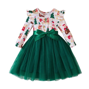 WUANDIXFA Baby Girl Christmas Dress Toddler Baby Girl Christmas Dress for Girls Long Sleeve Dress Girls Dress Girls Tutu Winter Party Dress Green,18-24 Months