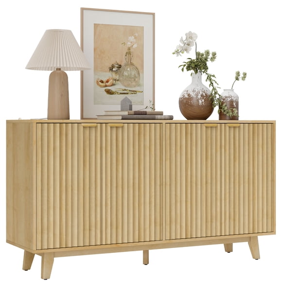55" Modern Sideboard Buffet Cabinet with Fluted Doors Wood Legs Nature Wood