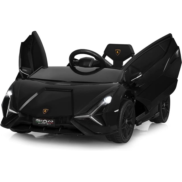 OLAKIDS 12V Licensed Lamborghini Sian Kids Ride On Car with Parent Remote Control, shown in a sleek black finish with realistic LED headlights and signature Lambo doors open upward. This electric toy roadster features a carbon fiber texture, spring suspension, and a built-in MP3 player for toddlers aged 37-95 months. The compact design includes hidden small wheels for easy transport and a slow start technology for safety.