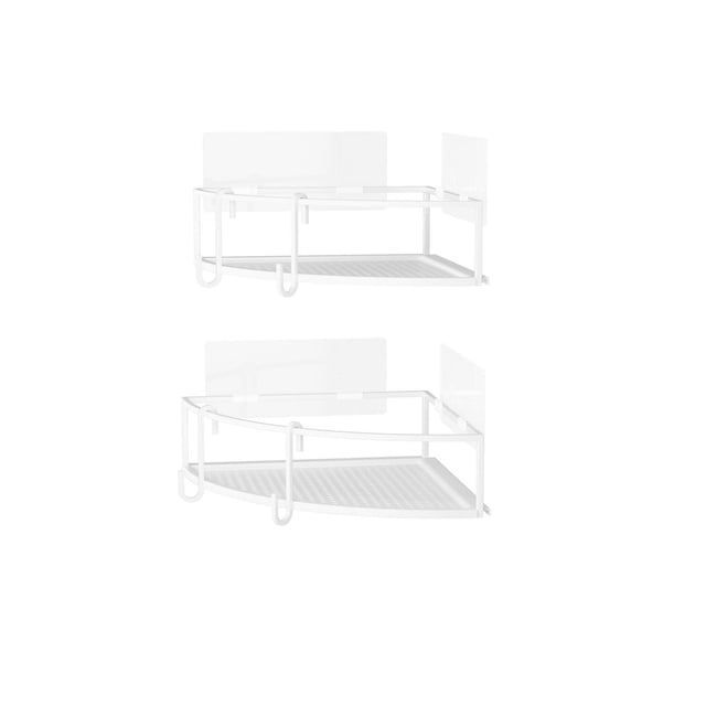 Umbra Cubiko Corner Bins, set of 2 white rust-free metal shower caddies with modern design, featuring waterproof adhesive strips for non-damaging installation on tiles, drywall, or concrete, each supports 10 lbs and includes hooks for hanging bath accessories, ideal for elevated bathroom storage.