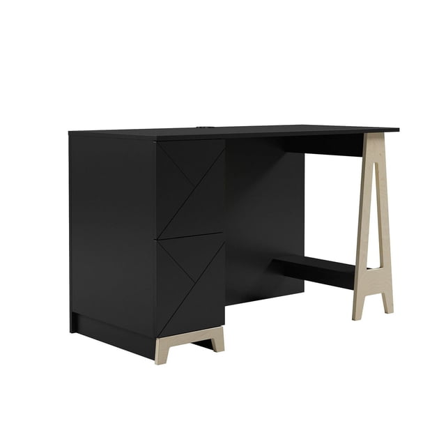 Nexera Atypik 2-Drawer Desk in matte black with natural wood 'A' leg, two drawers with geometric fronts on the left, wire grommet on top for cable management, measuring 47.25 by 22 by 29.75 inches, suitable for office organization and creative workspaces.