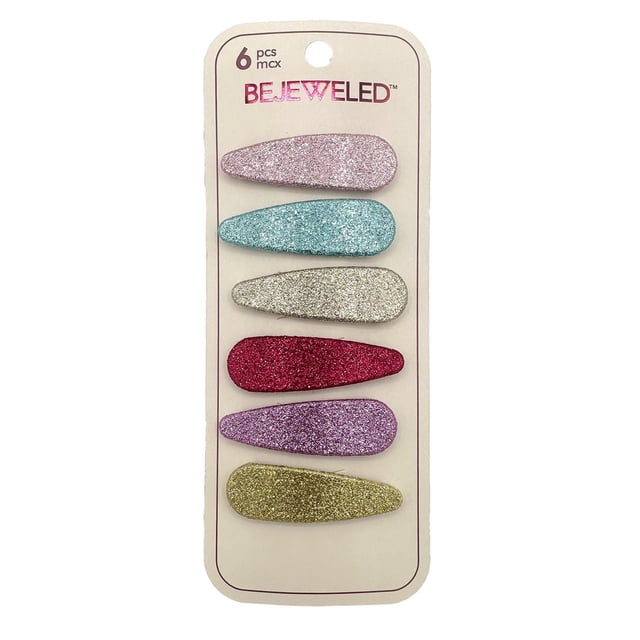6pc Glitter Snap Barrettes set with six child-sized hair clips in pink, blue, silver, red, purple, and gold glitter finishes on a beige Bejeweled card, ideal for girls to style hair with sparkle or use as craft accessories.
