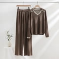 thumbnail image 2 of Yuyuzo Womens Ribble Knit Fall 2 Piece Sets Long Sleeve Lapel V Neck Shirts with Straight Leg High Waisted Pants, 2 of 3
