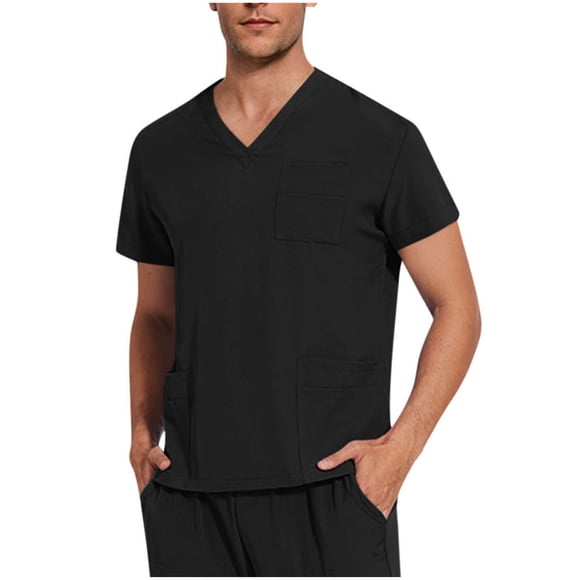 3-Pocket V-Neck Scrub Tops for Men - Soft Stretch Anti-Wrinkle Short Sleeve Medical Workwear for Nurse, Dentist, Vets