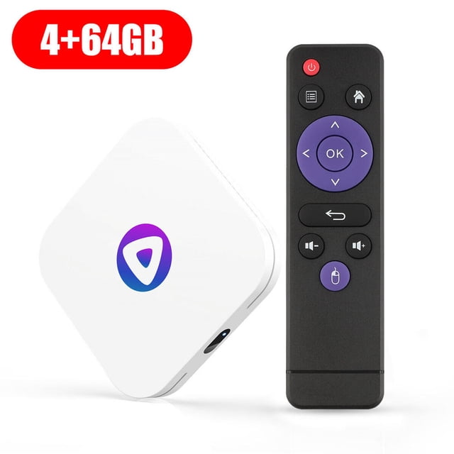 YUANOU H96 Max M1 Android 13 Boîtier TV Intelligent RK3528 avec 4 Go de RAM et 64 Go de Stockage, Doté d'Un design compact Blanc avec un logo Multicolore. Comprend une Télécommande Noire avec des Boutons de navigation Violets. Prend en Charge la Vidéo HD 8K, le Wi-Fi, le Bluetooth et Fonctionne comme Lecteur Multimédia en Continu pour des Applications comme Netflix et YouTube.