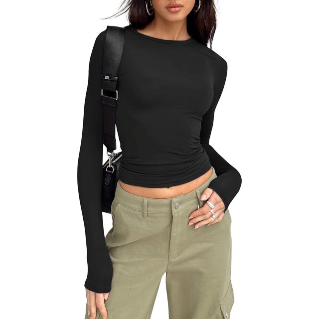 ORUYROP T-Shirts à Manches Longues pour Femmes Mode Automne 2023 Crop Tops Basiques Ajustés Y2K