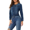 thumbnail image 4 of INSPIRE CHIC Veste en Denim Courte Sans Col à Manches Longues Boutonnée pour Femme Bleu Foncé S, 4 of 5