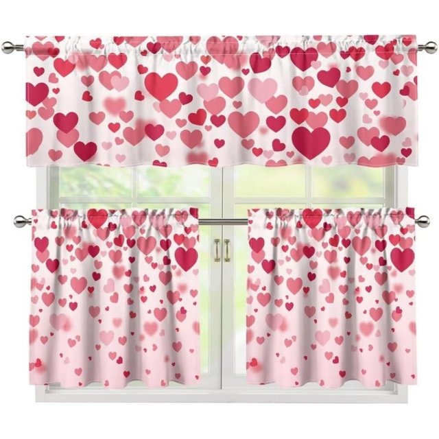 Valentine''s Day Window Curtains Set of 3 for Home Light Filtering Valance Pink Heart 24" Tier Curtains with Valance Rod Pocket Window Curtains Treatment for Bedroom Valentine''s Day Decorations