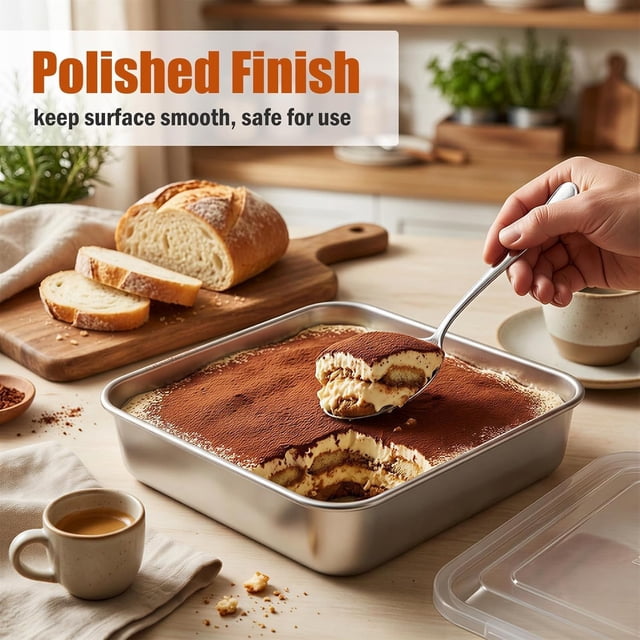 8x8-Inch Stainless Steel Cake Baking Pan Set with Lid and Rack, Dishwasher Safe Baking Tray for Brownies, Casseroles, Cakes, Toaster Oven Roasting