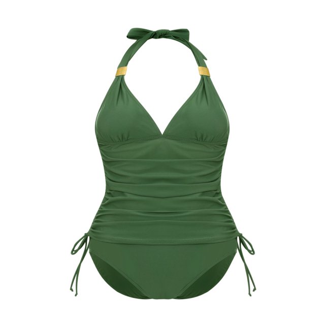 Womens 2 Piece Swimsuits Solid Color Halter Neck Camisole with Drawstring + Bikini Panties Beachwear Black Leopard M