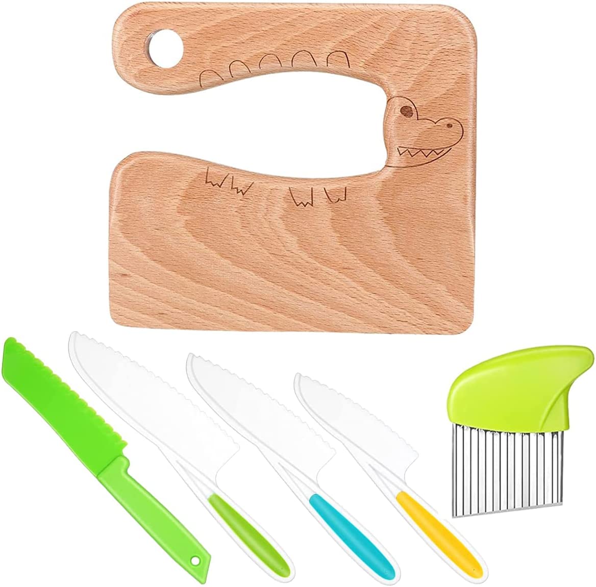 LAICAIW 6PCS Wooden Kids Knife Set, Safe Plastic Toddler Kitchen Knife Set Include Cutting Board Wooden Knife Potato Slicers Serrated Knives for Kitchen Children