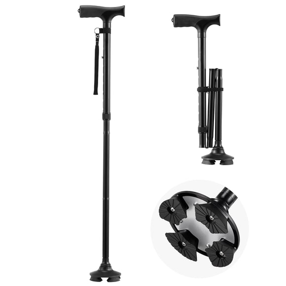 KFFKFF Walking Cane for Man Woman, Folding Walking Stick with 8-Level Adjustable Height, 4-Pronged Pivoting Base, Lightweight & Portable Aluminum Mobility Aid for Seniors Adults, 250LBS Loading