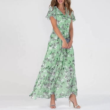 LOVZFMLL Robe Aguichant Mode Décontractée Imprimée Ajustée Femme Décontractée à Manches Courtes Col en V Longueur Genou Vert G