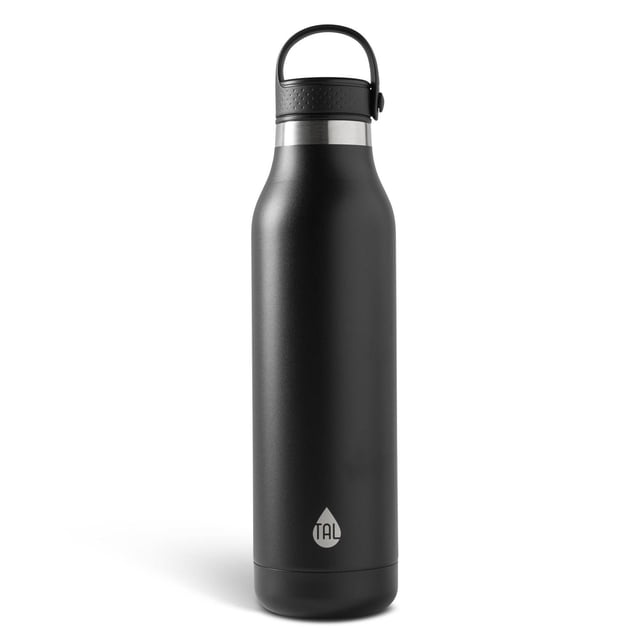 TAL Stainless Steel Ranger Sport 24oz water bottle in black with a matte finish, featuring a secure screw-on lid with textured grip and carrying loop, ideal for hydration and beverage storage on the go, often used for outdoor activities.