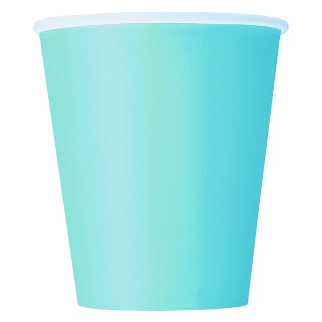 Paper Cups, 12oz. 8ct, showing a single disposable turquoise paper cup with a white rim, designed for party tableware and easy cleanup, suitable for enhancing food presentation at celebrations.