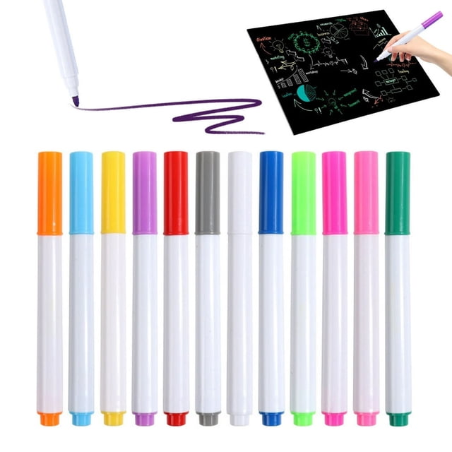LOVEVER Neon Pens for Light Up LED Board, a set of 12 water-based erasable markers with vibrant neon colors. Each pen features a white body with silver stamping and a color-coded cap matching the ink color. Suitable for drawing, sketching, and writing on smooth surfaces like glass, acrylic boards, and chalkboards. The pens are washable from skin and clothes, easy to clean with a wet towel, and come in a compact cardboard box for storage.