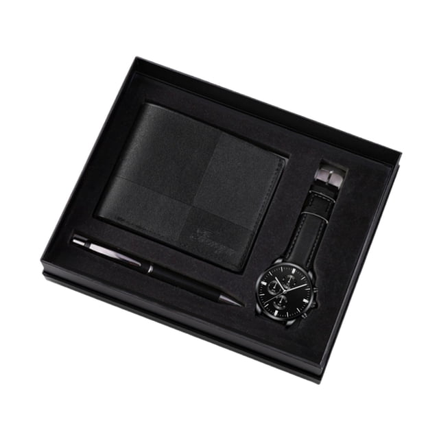 BELOVING Men's Gift Set beautifully packaged in an elegant black gift box, featuring a black PU leather wallet, a black metal pen, and a black wristwatch with a sleek design. This watch wallet pen set is perfect for Father's Day, birthdays, anniversaries, or as a creative decor gift for him.