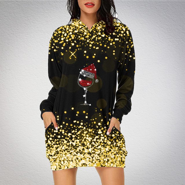 Jsaierl Robe à Capuche de Noël pour Femmes à Manches Longues, Tunique à Capuche à Imprimé Verre de Noël, Chandail de Noël, Robe de Fête avec Poches