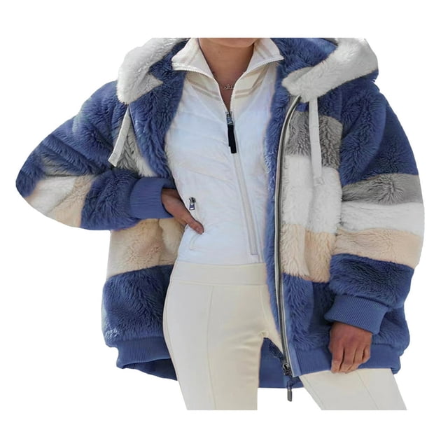 Women Fuzzy Fleece Hooded Coat Open Front Color Block Fluffy Hoodies Jacket Outwear with Pockets