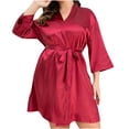 thumbnail image 1 of Timegard Plus Size Pajamas Robe for Women Belted Waist V Neck Mini Bathrobe Long Sleeve Soft Comfy Sleepwear, 1 of 3
