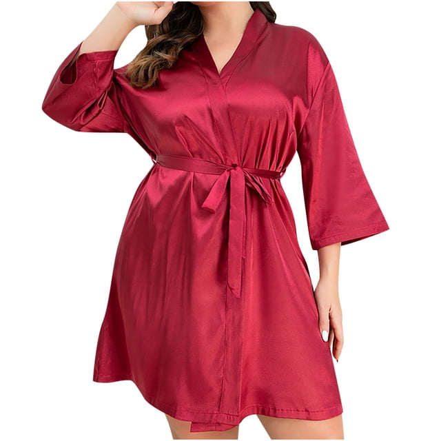 Timegard Plus Size Pajamas Robe for Women Belted Waist V Neck Mini Bathrobe Long Sleeve Soft Comfy Sleepwear