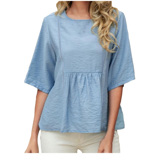 Diufon Womens Summer Tops Cotton Linen Loose Half Sleeve Crewneck Shirts Oversized Pleated Dress Basic Tee