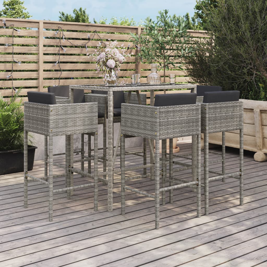 vidaXL 7 Piece Garden Bar Set with Cushions Grey Poly Rattan