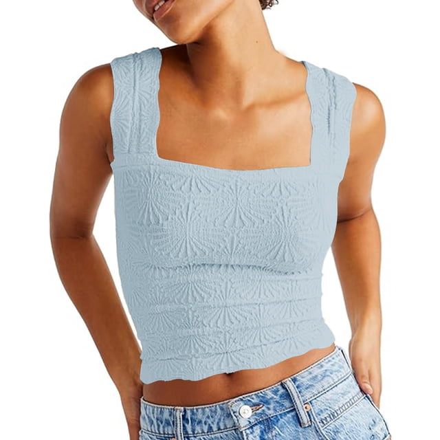 LSLJS Womens Summer Solid Tank Tops Neck Crop Tops Flower Spring Going Out Tops Slim Crop Cami Wide Straps Sleeveless Shirts Top, Womens Tank Tops