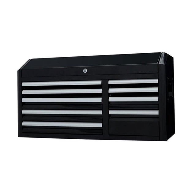 Toolmaster Commode à Dessus de 9 Tiroirs de 41 Pouces en Acier Noir de Haute Qualité avec Poignées de Tiroir Argentées, Dotée d'Une Finition à Revêtement Puissant durable, d'Un Couvercle Verrouillable et de Neuf Tiroirs Chacun Pouvant Supporter une Charge jusqu'à 100 Lb, Convient au Rangement et à l'Organisation Efficaces des Outils dans les Ateliers Ou les garages.