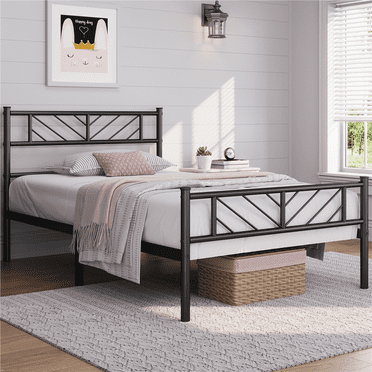 Lit plateforme métallique minimaliste FullFurnique avec tête de lit au design en flèche, pour adultes, taille twin, noir
