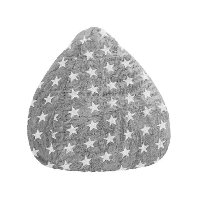 Gouchee Home Fluffy Stars Grey Faux Fur Bean Bag Chair with white star pattern, soft 100% polyester faux fur cover, filled with high-density polystyrene beads, 27" diameter by 43" height, lightweight and cozy seating suitable for kids' rooms, playrooms, or teen bedrooms.