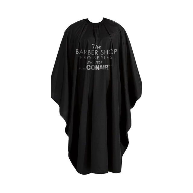 Conair Barber Shop Pro Series Nylon Haircut Cape with Adjustable Velcro Strap & Soft Polyester Neckline - 1 PC Centered front-facing view of a full-length barber cape showing cut-resistant nylon drape, adjustable Velcro strap and smooth polyester neckline on a neutral background; ideal for barbers, stylists and suitable for at-home grooming or salon practice.