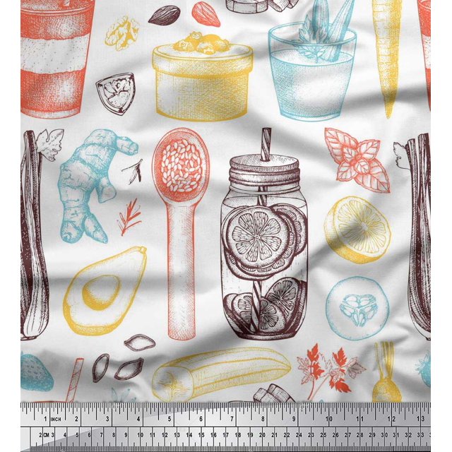 Soimoi polyester Crepe Fabric Vegetables,Jar & Cups Print Fabric by Yard 52 Inch Wide