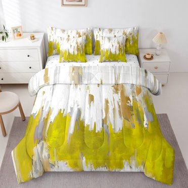 YST Ensemble de Literie Peinture à l'Huile Simple 7 Pcs Jaune Blanc Ombré avec Drap Plat et Drap-Housse, Ensemble de Literie Uvre d'Art Abstraite avec Taies d'Oreiller et Housses de Coussin